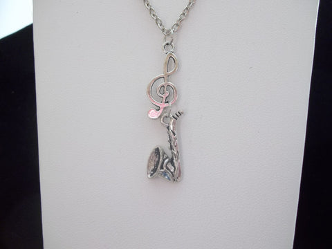 Silver Clef w/Flat Saxophone Necklace (N381)