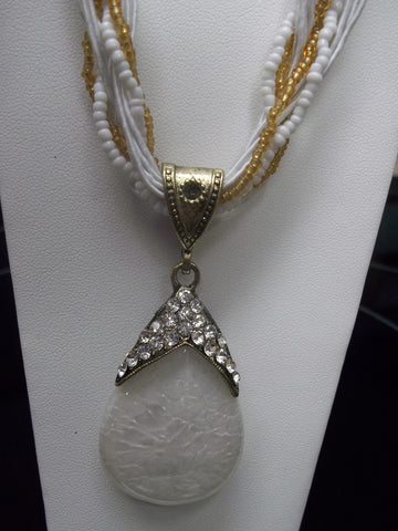 White Braided Glass Tear Drop Necklace (N420)