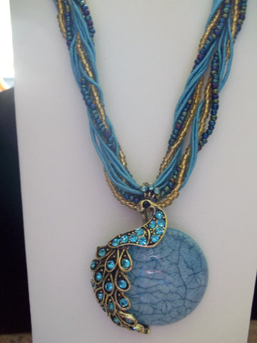 Light Blue Braided Glass Peacock Necklace (N422)