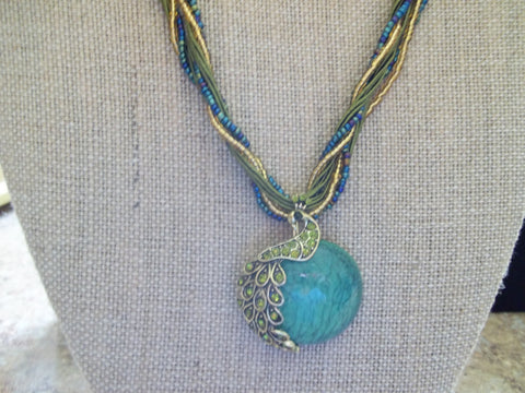 Green Braided Glass Peacock Necklace (N424)