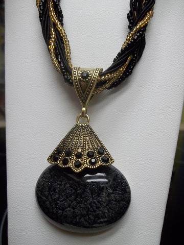 Black Braided Cone w/Oval Glass Bead Necklace (N430)