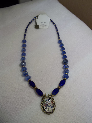Bronze Blue/Gold Glass Bead Blue Birds Pendant Necklace (N457)