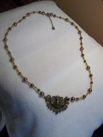 Brown Gold Bronze Glass Bead w/Bronze Owl Necklace (N480)