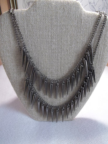 Double Row Dark Gray Metal Cones Bib Necklace (N509)