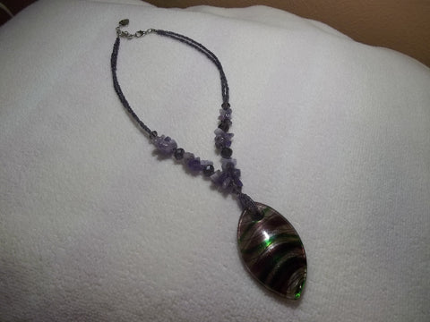 Purple Glass Beads w/Rocks w/Purple Green Glass Pendant Necklace (N548)