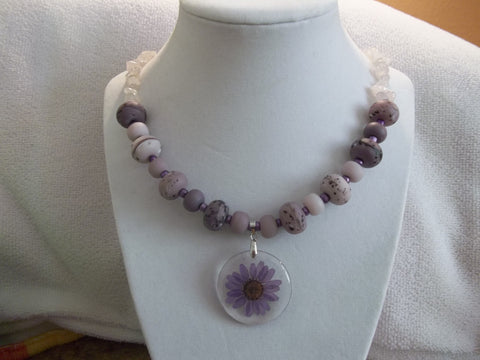 Glass Purple Mixed Bead w/Rocks Chips Purple Dried Flower Pendant Necklace (N589)