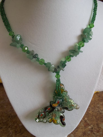 Green Glass Seed Beads, Green Rock Chips, Green Glass Butterfly Necklace (N613)