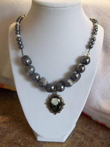 Gray Pearls w/Ribbon White Beads Bronze White Rose Pendant Necklace (N617)
