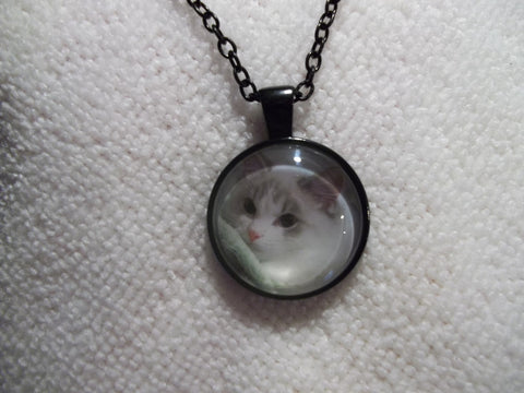 Black Bubble White/Gray Cat w/Green Blanket Necklace (N645)