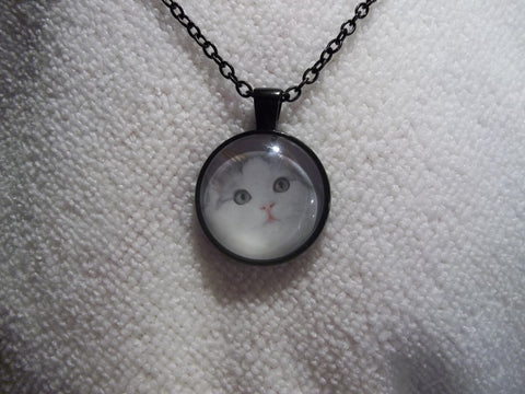 Black Bubble Gray Eye White Cat Necklace (N648)