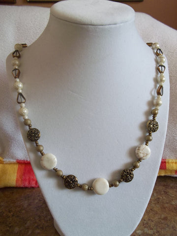 Antique White/Clear Bronze Trim Glass Bead Necklace (N652)