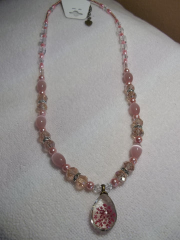 Pink Glass Beads and Crystals Bling Pink Dried Flower Pendant Necklace (N696)
