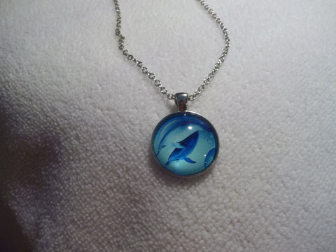 Silver Bubble Two Dolphin Blue Ocean Necklace (N718)