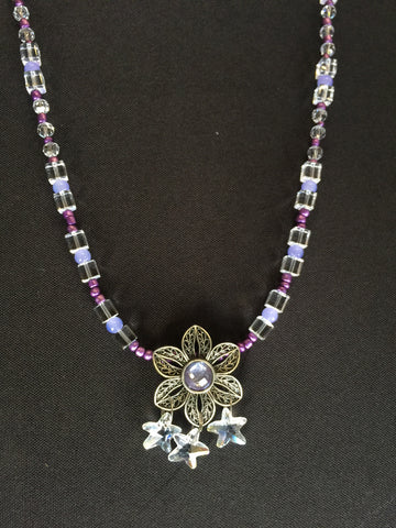 Silver Clear Glass Stars w/Silver Purple Flower Pendant Necklace (N722)