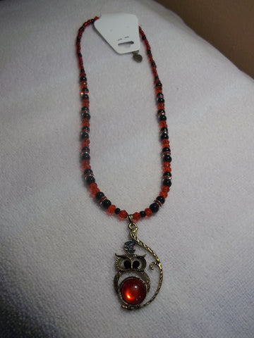 Bronze Red Black Glass Beads Bling Owl Pendant Necklace (N726)