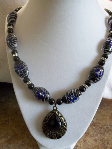 Black, Pink, Blue Flower Reversible Glass Beads, Bronze Black Pendant Necklace (N763)