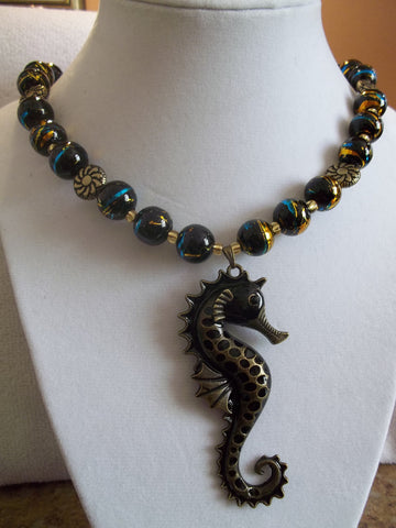 Black Bronze Seahorse Pendant Black Blue Gold Glass Bead Necklace (N777)