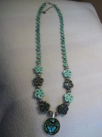 Blue Green Glass Beads w/Butterfly Pendant Necklace (N779)