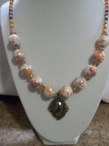 Bronze Pendant Purple Orange Glass Beads Crystals Necklace (N789)