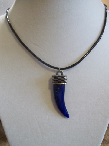 Black Leather Dark Blue Wolf Tooth Necklace (N793)