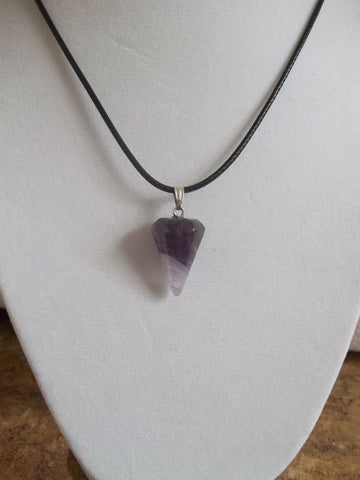 Black Leather Purple Clear Cone Healing Crystal Necklace (N799)