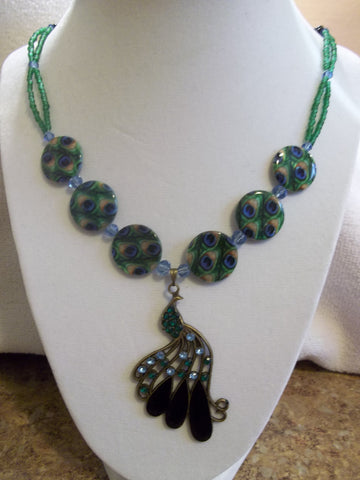 Bronze Green Blue Black Glass Bead Peacock Pendant Necklace (N817)