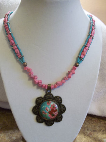 Turquoise Pink Glass Bead Rock Chips Bronze Flower Pendant Necklace (N852)