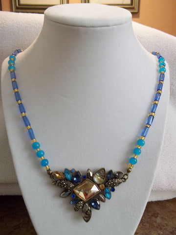 Bronze Multi Color Pendant Blue Gold Glass Beads Necklace (N875)