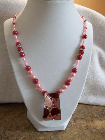 Red Pink Pearls Silver Rectangle Pendant Necklace (N897)