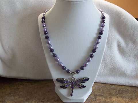 Light Dark Purple Pearls Silver Dragonfly Necklace (N898)