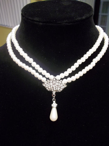 Double White Pearl Strands White Tear Drop Pearl Pendant Choker Necklace (N901)