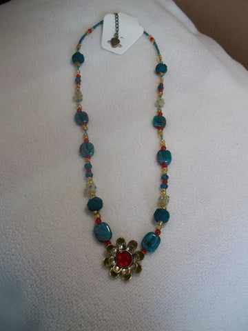 Teal Knot Red Glass Beads Bronze Red Flower Pendant Necklace (N927)