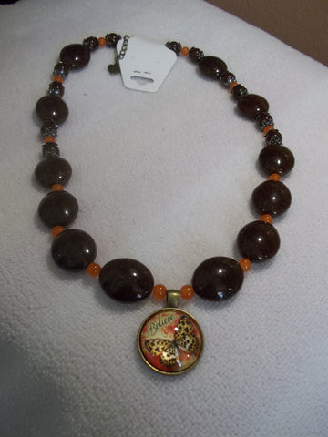 Brown Beads Orange Glass Beads Believe Butterfly Pendant Necklace (N933)