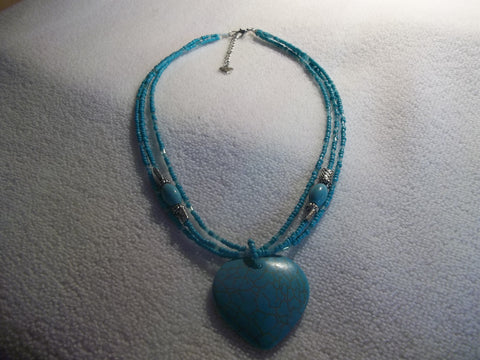 Turquoise Heart Pendant 3 Strand Seed Beads Silver Beads Necklace (N964)