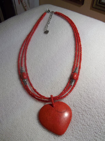Red Heart Pendant 3 Row Seed Bead Silver Bead Necklace (N965)