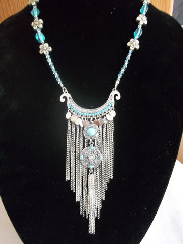 Silver Long Chain Turquoise Beads Necklace (N970)