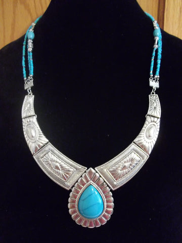 Silver Turquoise Glass Beads Bib Necklace (N971)