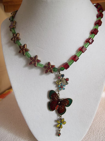 Green Red Butterfly Flowers Stars Glass Bead Necklace (N975)