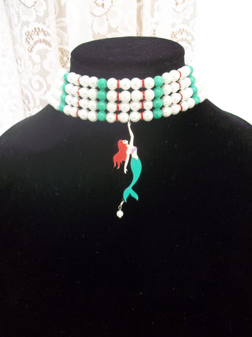 Glass Pearl Green Bead Red Bling Mermaid Choker Necklace (N983)