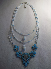 3 Rows Blue White Glass Seed Beads, Clear Acrylic Beads, Silver Blue Bib Pendant Necklace (N991)