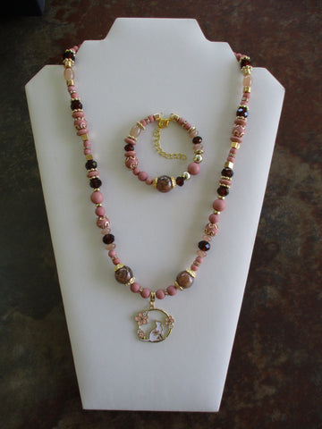 Peach Brown Glass Beads Gold Beads Gold Bead Caps Cat Pendant Necklace Bracelet Set (NB211)