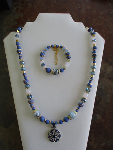 Blue Clear White Glass Beads Gold Beads Blue Pendant Necklace Bracelet Set (NB215)