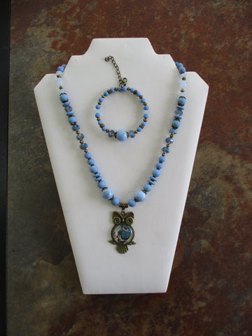 Bronze Blue Glass Beads Owl Pendant Necklace Bracelet Set (NB221)