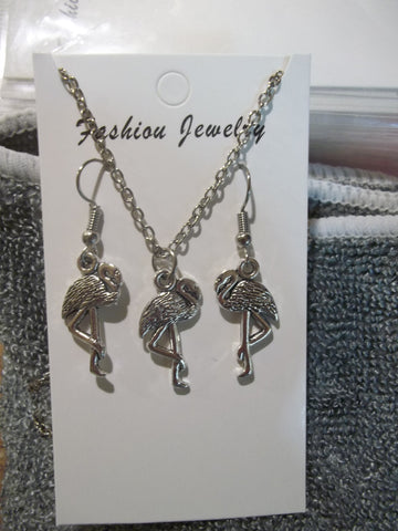 Silver Flamingo Necklace Earrings Set (NE433)