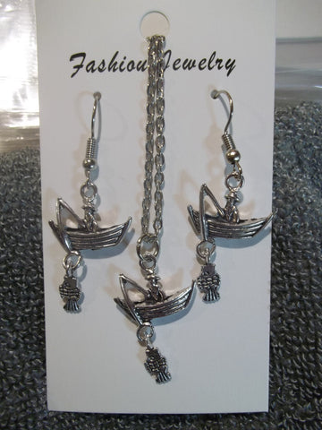 Silver Fisherman in Boat with Fish Necklace Earrings Set (NE437)