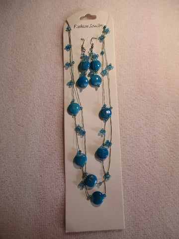 Blue Beads Blue Seed Beads Thread Necklace Earring Set (NE443)