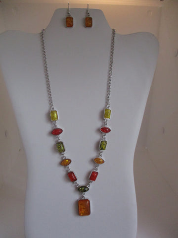 Silver Chain Orange Green Yellow Crackle Square Silver Bead Necklace Earring Set (NE450)