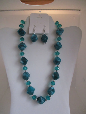 Silver Green Beads Necklace Earrings Set (NE457)