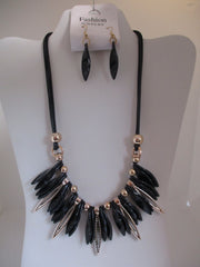 Black Cord Black Gold Twist Beads, Acrylic Beads Necklace Earrings Set (NE459)