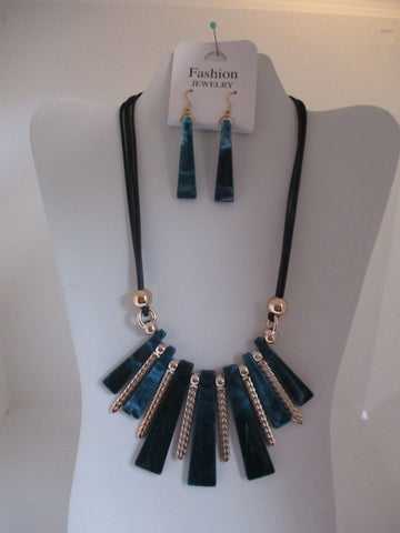 Black Cord Green Gold Long Flat Beads Necklace Earrings Set (NE466)